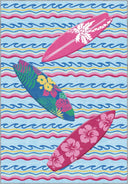 Youth room rug decorated with surfboard patterns, in vibrant blue tones.