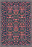 A modern and elegant rug image adorned with prominent red floral patterns on a dark background.