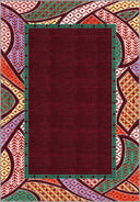 An authentic patterned rug adorned with traditional Turkish kilim motifs on a burgundy background.