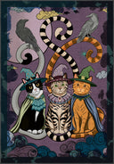 Modern animal-figured rug suitable for a child's room, featuring magical cats wearing wizard hats on a purple background.