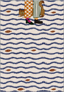 Kids room rug on a blue background with sailor-themed patterns, featuring fish and ship figures.