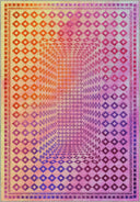 A modern kilim-patterned rug adorned with geometric motifs in shades of pink, yellow, and blue, creating a warm atmosphere on the room's floor.